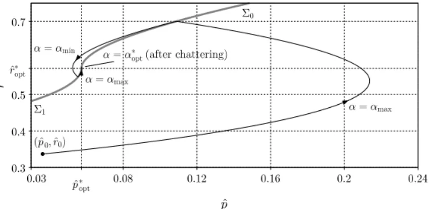 Figure 8: The approximate optimal state trajectory computed via Bocop, and the chattering switching curve constructed through the numerical method of Section 7
