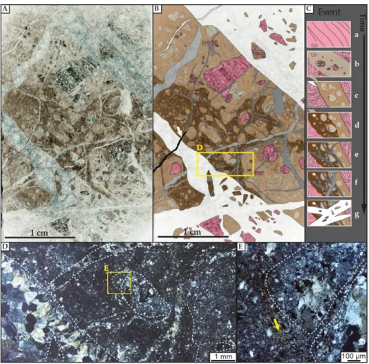 Figure 5. (A,B) Thin section of a polyphase cataclastic fault rock crosscut by several generations of  quartz veins of the QB
