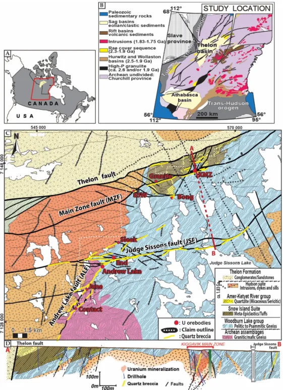 Figure 1. (A) Outline of Canada and location of the Thelon basin in yellow; (B) geological map of the  Churchill-Wyoming craton showing the location of the Thelon basins and the Kiggavik area on its  Eastern border; (C) simplified geological map of the Kig