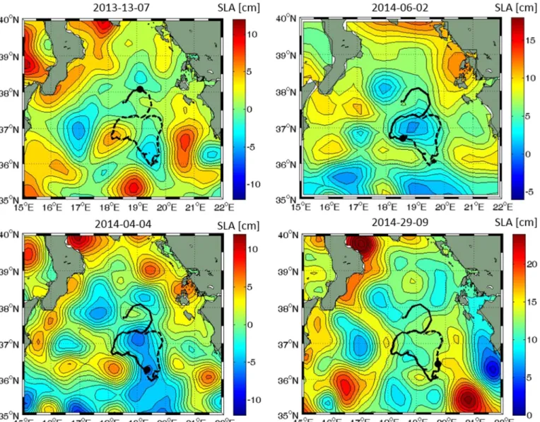 Figure 8. Contour plots of sea level anomalies in the Ionian Sea (in red, anticyclonic structures and, in blue, cyclonic structures)