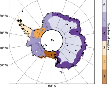 Figure 1. Map of the studied regions on the ERA5 grid. Numbers refer to the regions defined in Table B1