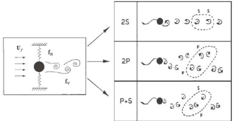Figure 1.30: Vortex formation modes in the wake of an oscillating cylinder [Williamson and Roshko, 1988]