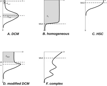 Figure 2. The five standard shapes for [Chl a] vertical profiles iden- iden-tified in our data set