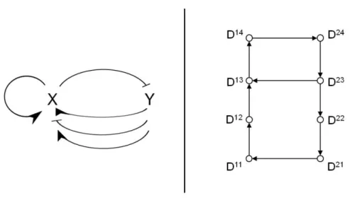 Fig. 12 Discontinuous case: graph of interactions (left) and transition graph (right)