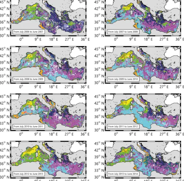 Figure 3. Maps of the spatial distribution of the trophic regimes (i.e., bioregions), (a) for the years 1999 to 2006 and (b) for the years 2007 to 2014