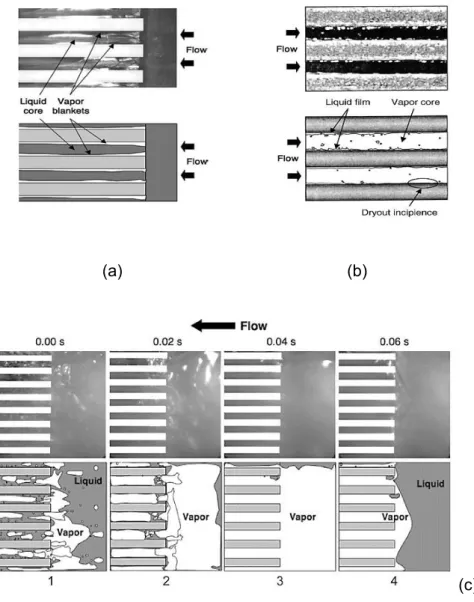 Figure 2. 20 CHF mechanisms in mini- /microchannel heat sinks. (a) DNB for HFE-7100 in  heat sink with  