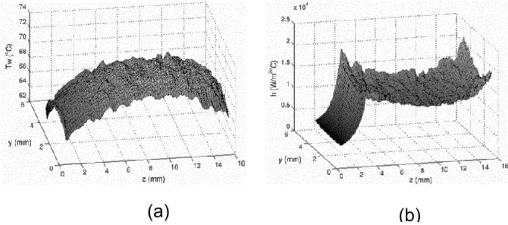 Figure 2. 25 Chip wall temperature and heat transfer coefficient distributions ( 