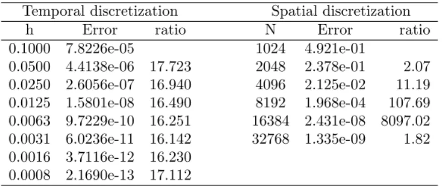 Table 1 displays the outcome of several runs with varying number of modes N and time step h