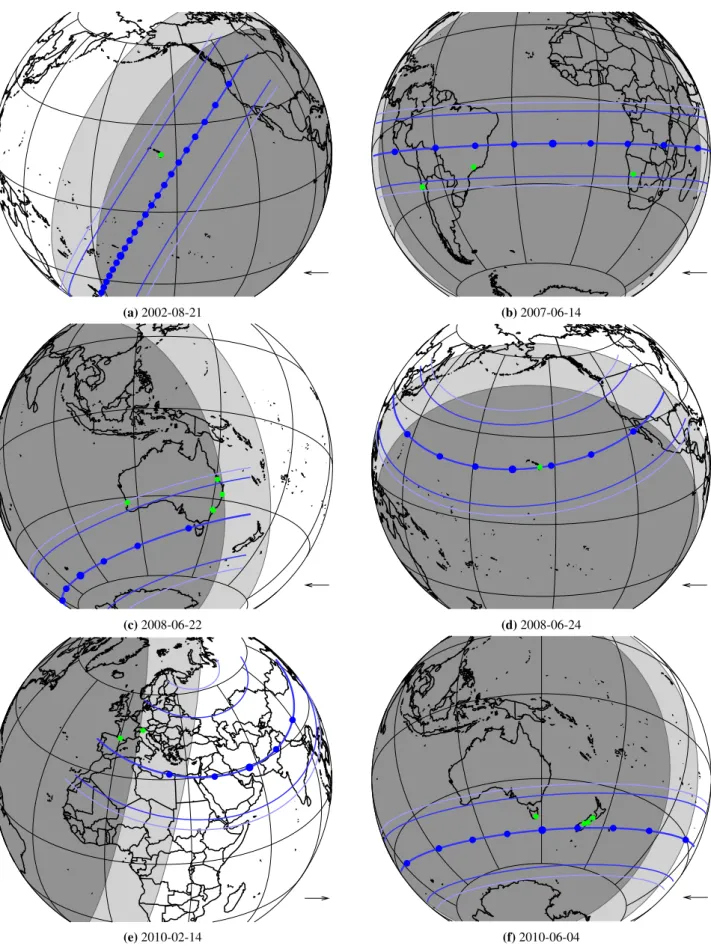 Fig. 6. Reconstruction of Pluto’s shadow trajectories on Earth for occultations observed from 2002 to 2016; see details in Meza et al