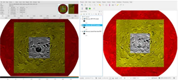 Figure 1. (left) Mercury South Pole FITS images displayed in ds9, alternate coordinates in meters are displayed; (right) GeoTIFF raster (displayed in red) and the two virtual headers linked to FITS rasters (displayed in green and blue); the three layers ar