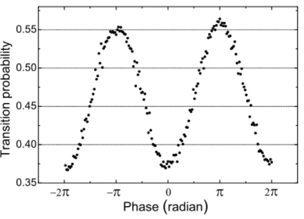 FIG. 2. Interferometer fringe pattern for a total interferometer time of 80 ms. Each point corresponds to a single measurement.