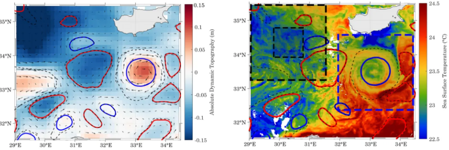 Fig. 1. Altimetric field with superimposed geostrophic velocity vectors (left) and SST field (right) in the Levantine Sea on the 08/06/2017