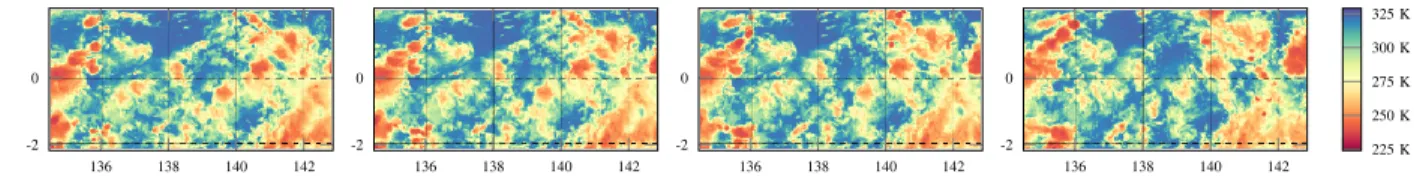 Fig. 1: Example of four consecutive infrared images provided by the Himawari satellite [4], with 2 × 2 km at the sub-satellite point (140.7 ◦ E, 0 ◦ N)