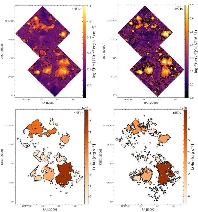 Fig. 9. HII regions samples constructed on the Hα map (left) and Hα/[SII] map (right)