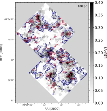 Fig. 5. Hα bright regions (white contours) identified with astrodendro overlaid on the Hα linemap