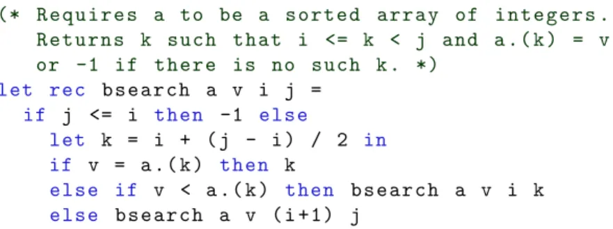 Figure 1.1: A flawed binary search. This code is provably correct and terminating, yet exhibits linear (instead of logarithmic) time complexity for some input parameters.