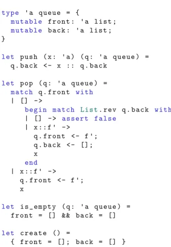 Figure 2.2: An OCaml implementation of mutable queues, as a pair of lists.