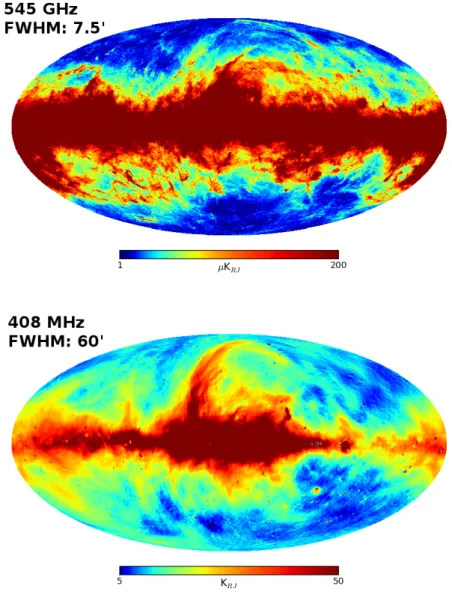 Figure 2.3 – Top panel: Thermal dust emission. Bottom panel: Synchrotron emission.