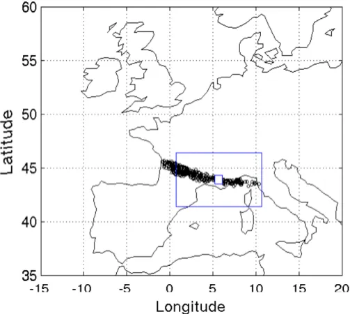 Figure 5. Geographical position on January 20 th , 2000 at 18:00 of air parcels released at the  altitude of the cirrus and that have gone below the thermal tropopause (backwards in time)
