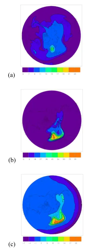 Fig. 4. Maps of PSC, Chlorine activation, and associated ozone loss estimated with numerical simulations