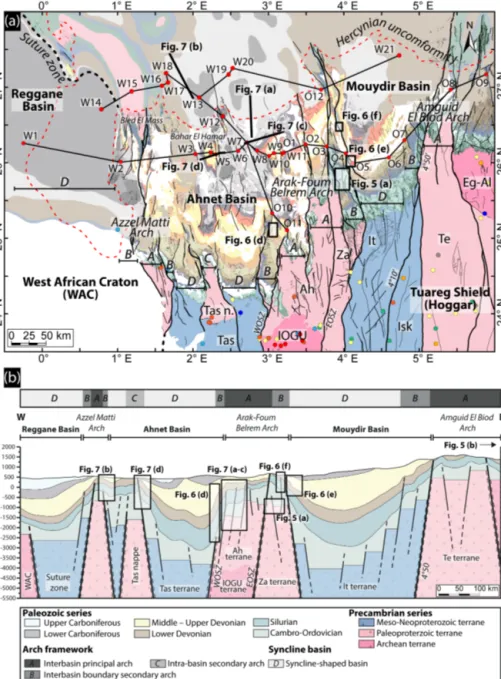 Figure 2. (a) Geological map of the Paleozoic of the Reggane, Ahnet, and Mouydir basins