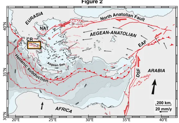 Fig. 2 Active tectonic faults and GPS velocities of the W Turkey-Greece region. The map shows the main tectonic  units, plate boundaries and active faults in the region, and the location of the Corinth Rift (CR)