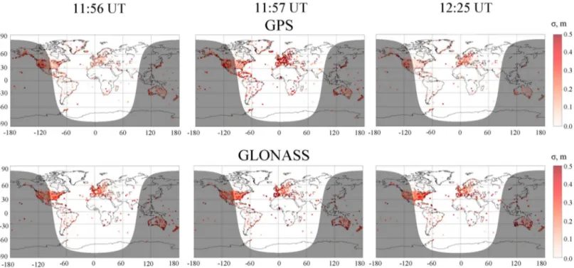 Figure 11 shows the global distribution of positioning error σ during the X9.3 ﬂ are. One can see that during the SF the positioning error increased for both GPS and GLONASS systems