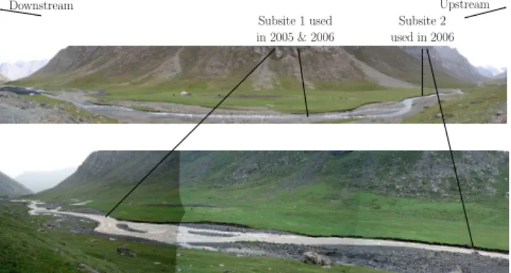 Fig. 3. Sampling sites in the glacial valley: site 1-1 was used during the years 2004–2006 whereas site 1-2 was only used in 2006 when a small iron bridge enabled sampling of the stream at high flows.