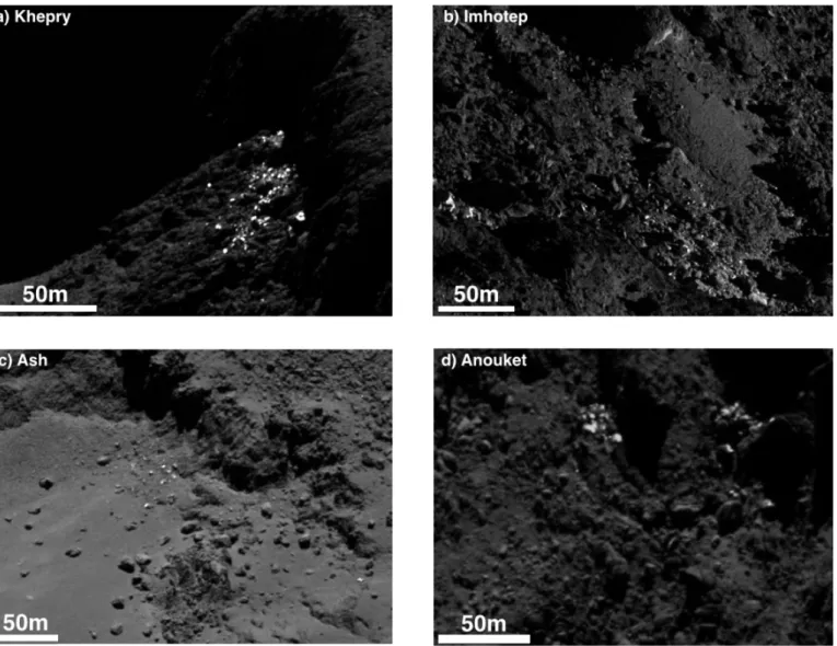 Fig. 1. Examples of clusters of bright spots observed in four di ff erent regions of the comet: a) Khepry; b) Imhotep; c) Ash; and d) Anouket