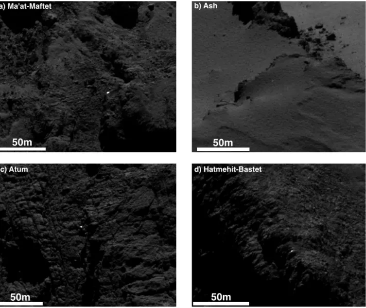 Fig. 3. Examples of isolated bright spots observed in four different regions of the comet: a) boundary between Ma’at and Maftet; b) Ash;