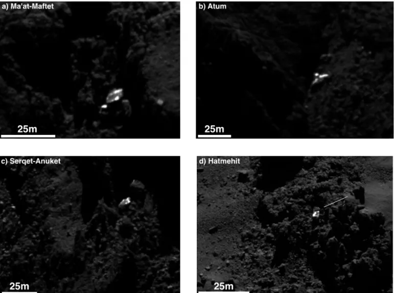 Fig. 4. Examples of boulders displaying bright patches on their surface in four different regions of the comet: a) boundary between Ma’at and Maftet; b) Atum; c) boundary between Serqet and Anuket; d) Hatmehit