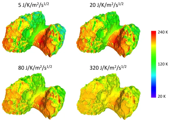 Fig. 2. Temperature on the surface for various values of the thermal inertia in the range 5–320 JK −1 m −2 s −0.5 , for September 15, 2014 (UT 00:00).