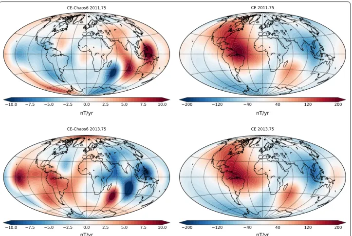 Fig. 3  On the left: maps of the difference (Chaos-6)-(CE), radial comp. of the SV, at the Earth’s Surface, for years 2011.75 (top) and 2013.75 (bottom)