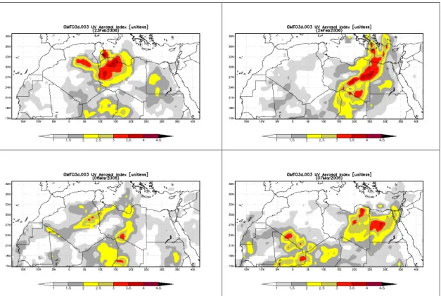 Fig. 6. Simulated dust emissions for (a) winter (January-February-March), (b) spring (April-May-June), (c) summer (July-August- (July-August-September) and (d) autumn (October-November-December) in 2006.
