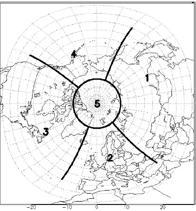 Figure 4. Source regions definition for trajectory analysis: 1. Russia (&lt;75°N, 40‒160°E); 2