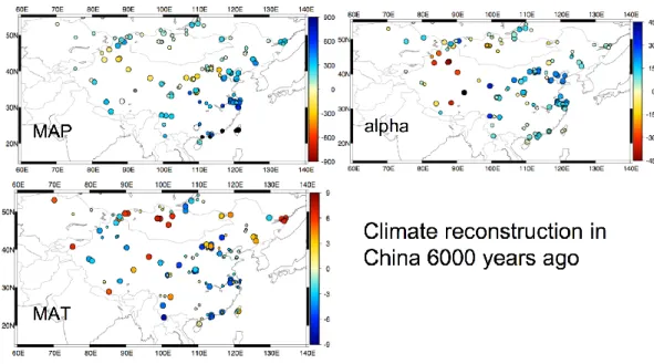 Fig. 4. Reconstruction of the climate in China 6000 years ago using inverse modelling method: (α), the ratio between actual and equilibrium evapotranspiration in %, (MAT) mean annual temperature ◦ C, (MAP) total annual precipitation in mm