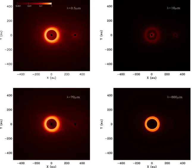 Fig. 3. Nominal case: luminosity maps at four different wavelengths. The flux is re-normalised, in each image, to its peak value for the considered wavelength, and the relative colour-scale is the same in all four images.