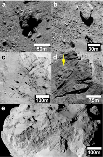 Figure 4. (a, b) NAC images showing fractured boulders in the Imhotep (Figure 4a) and Atum (Figure 4b) regions