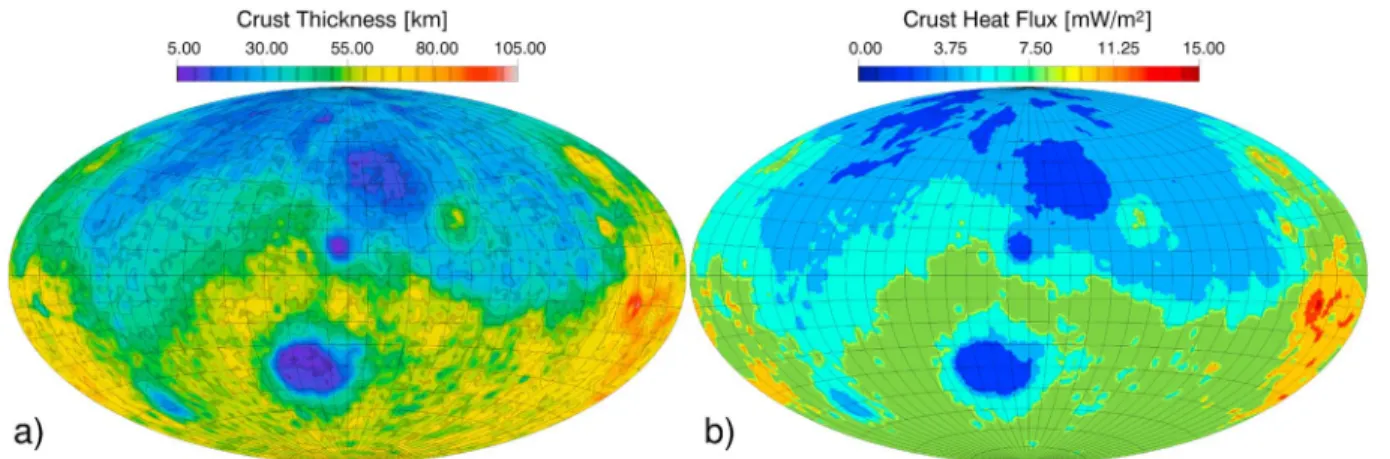 Figure 1. (a) Crustal thickness after Neumann et al. [2004] and (b) heat ﬂux generated by the crustal radiogenic elements.