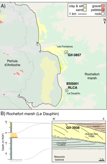 Fig. 3. A, Map of study area 2, Pertuis d’Antioche and Rochefort Marsh. Labels and symbols as in Fig