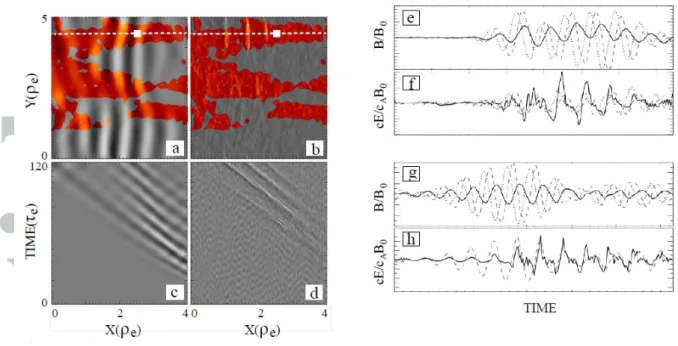 Figure 5.  Electric and magnetic fields observed in a particle-in-cell simulation in which  oblique whistlers produced time domain structures