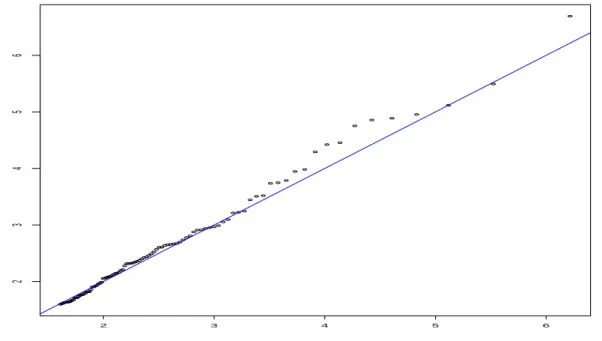 Figure 1.6: Pareto quantile plot. X-axis : log((n + 1)/j). Y-axis : The line of slope γ (y = x) and log(X n−j+1,n ) for j = 1, 