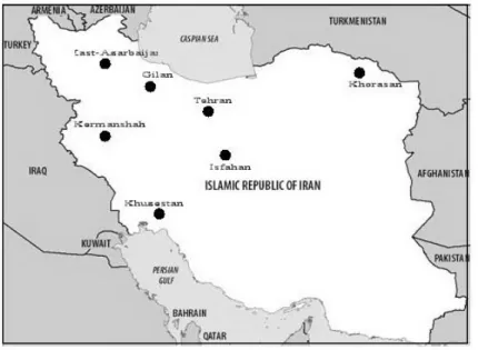 Figure 4. Map of Iran showing the location of 13 communities sampled for West Nile Virus  antibodies in 1976 (Saidi et al