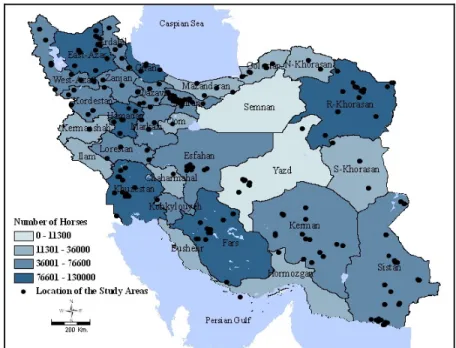 Figure 7. Geographic distribution of equine population by province and geographic location of the  collected samples, Iran, 2008-2009