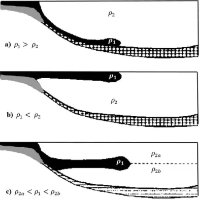 Figure 2.1 : Schemes as example of possible density flow patterns for a gravity current discharge into  the  water  bodies  !" intruding  in  the  ambient  fluid  with  uniform  density  # ,  and  # $ <  ! <  # % :  a)  underflow gravity current,