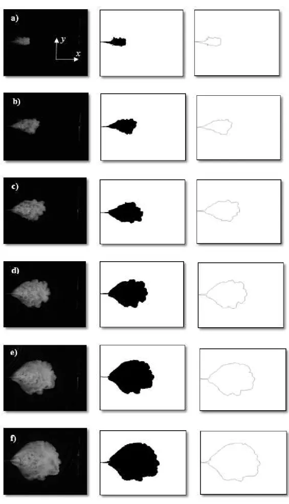 Figure 3.5: Experimental frames capturing by difference (row 1), make binary (row 2), and skeletonize  (row 3) processes of two dimensional gravity currents performed with initial density  ! " = 1040#$/% &amp;