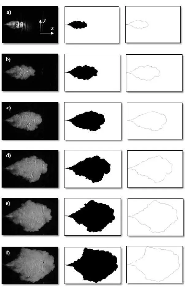 Figure 3.10: Experimental frames capturing by difference (row 1), make binary (row 2), and skeletonize  processes (row 3) of two dimensional gravity currents performed with initial density  ! = 1040!"/# $ and %&amp; '()*+ = 1000!"/# $  for R=3889, 