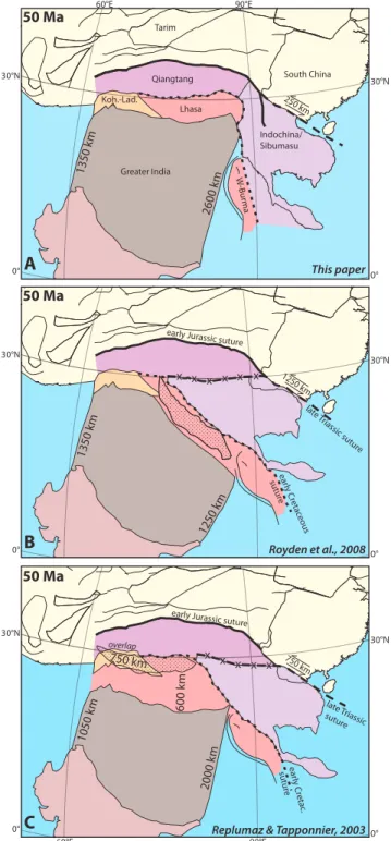 Figure 7. Reconstructions of Greater Asia (a) following this paper; (b) using the reconstruction of Asia in this paper but including ∼1250 km of Indochina extrusion from between the Lhasa and Qiangtang terranes similar to those of Royden et al