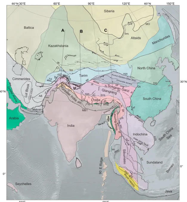 Figure 2. Simplified tectonic map of Asia, showing the main faults and boundaries of deforming regions discussed in this paper