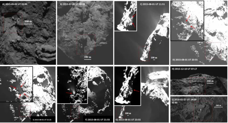 Fig. 8. Activity sources in the Khonsu region including a powerful outburst that modified the local terrain and later triggered the appearance of a bright patch resting on a boulder